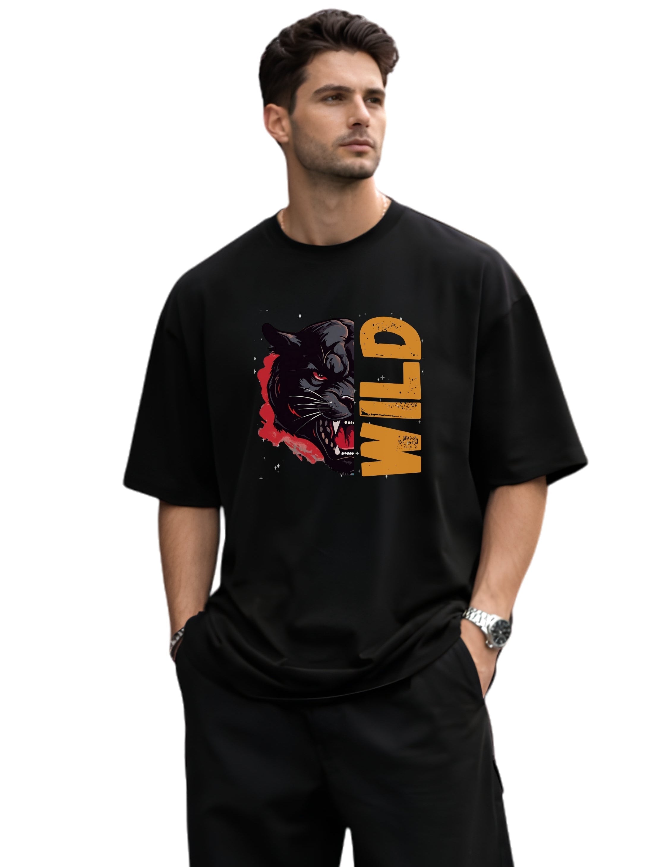 Roaring Black Panther Graphic Oversized Front Print T-Shirt