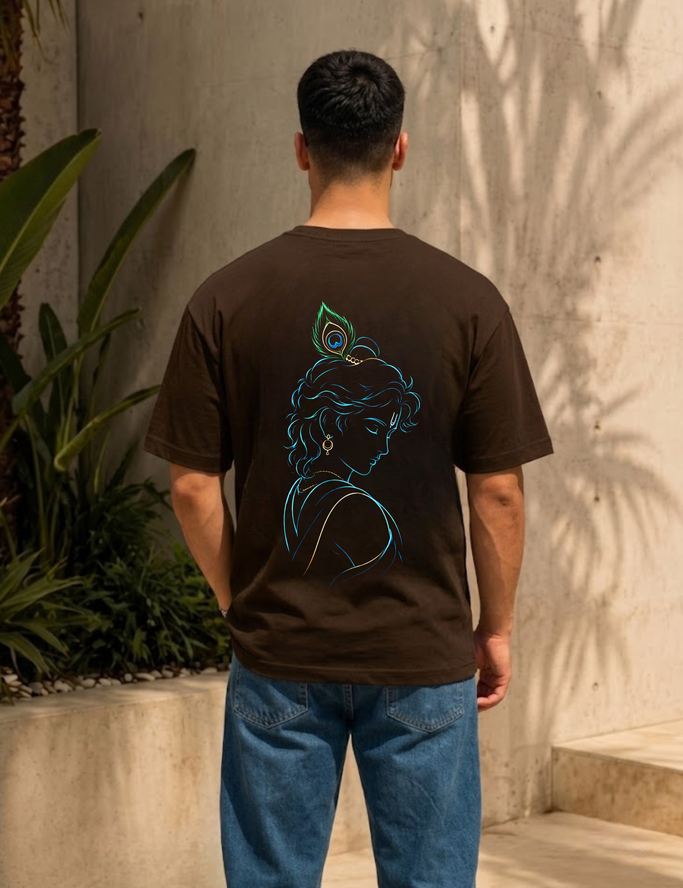 Lord Krishna Minimal Line Art Back Print Oversized Unisex T-Shirt | 100% Cotton | 220 GSM | Premium Streetwear